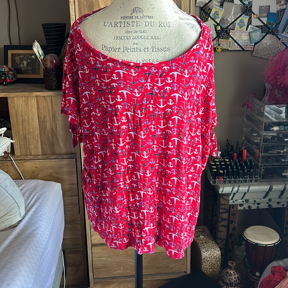Casey Key Red Anchor Print Spilt Sleeve Tee - 3X